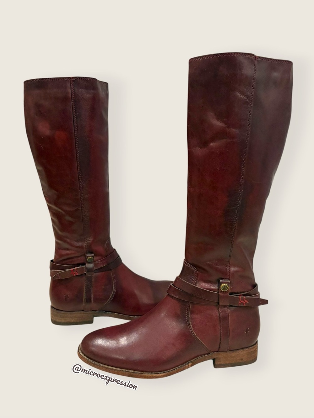 $398 Frye Melissa Belted Burgundy Brown Fall Knee High Tall Leather Riding Boots - Picture 8 of 16